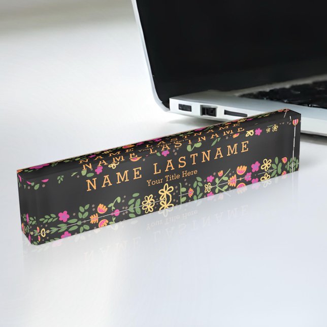 Pretty Pink Floral Custom Black Desk Nameplate (Creator Uploaded)
