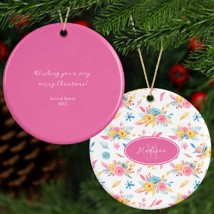 Pretty Pink Floral Custom Greeting Christmas Tree Ceramic Ornament