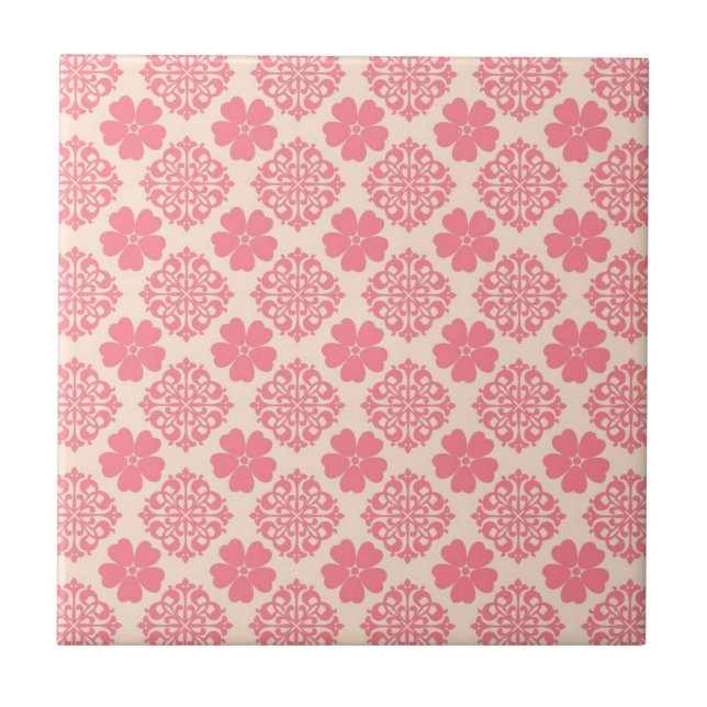 Pretty Pink Floral Damask Pattern Tile (Front)