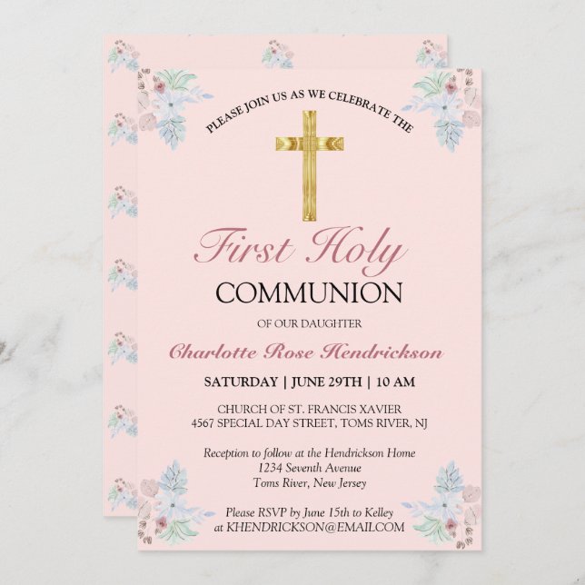 Pretty Pink Floral First Holy Communion Invitation (Front/Back)