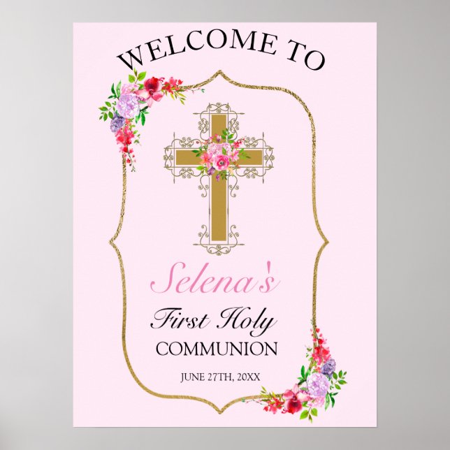 Pretty Pink Floral Girls 1st Holy Communion Poster (Front)