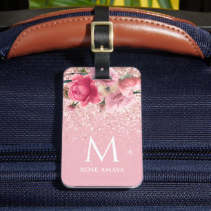 Pretty Pink Floral Glitter Monogram Custom Luggage Tag