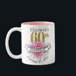 Pretty Pink Floral Gold 60th Birthday  Two-Tone Coffee Mug<br><div class="desc">Pretty Pink Floral Gold and Black 60th Birthday Personalised Coffee Mug Memento Gift.  Easy To Change The Sample Text To Your Own By Clicking Personalise.  Click Customise Further To Change The Font Type,  Font Colour,  Or Font Size Or To Add/Delete/Change The Text Or Design Elements.</div>