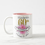 Pretty Pink Floral Gold 60th Birthday  Two-Tone Coffee Mug<br><div class="desc">Pretty Pink Floral Gold and Black 60th Birthday Personalised Coffee Mug Memento Gift.  Easy To Change The Sample Text To Your Own By Clicking Personalise.  Click Customise Further To Change The Font Type,  Font Colour,  Or Font Size Or To Add/Delete/Change The Text Or Design Elements.</div>