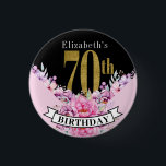 Pretty Pink Floral Gold 70th Birthday 3 Cm Round Badge<br><div class="desc">Pretty Pink Floral Gold and Black 70th Birthday Personalised Button.  Easy To Change The Sample Text To Your Own By Clicking Personalise.  Click Customise Further To Change The Font Type,  Font Colour,  Or Font Size Or To Add/Delete/Change The Text Or Design Elements.</div>