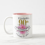 Pretty Pink Floral Gold 90th Birthday   Two-Tone Coffee Mug<br><div class="desc">Pretty Pink Floral Gold and Black 90th Birthday Personalised Coffee Mug Memento Gift.  Easy To Change The Sample Text To Your Own By Clicking Personalise.  Click Customise Further To Change The Font Type,  Font Colour,  Or Font Size Or To Add/Delete/Change The Text Or Design Elements.</div>