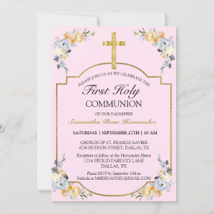 Pretty Pink Floral Gold Cross 1st Holy Communion  Invitation