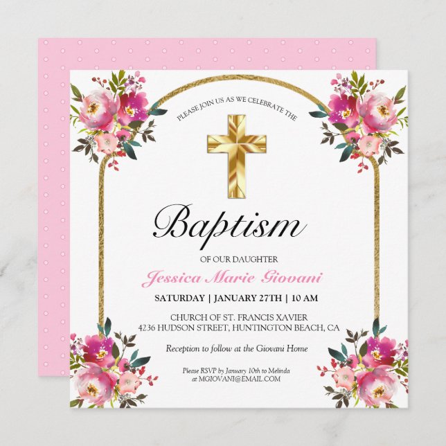 Pretty PInk Floral Gold Cross Baptism Invitation (Front/Back)