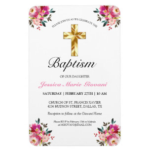 Pretty PInk Floral Gold Cross Baptism Invitation Magnet