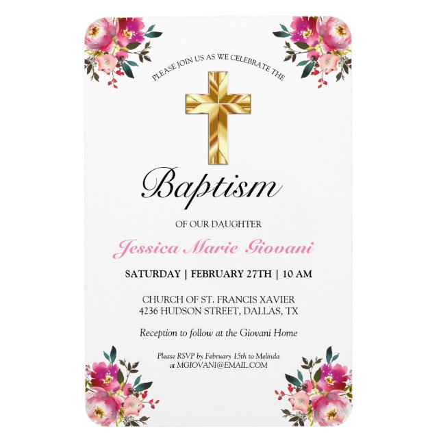 Pretty PInk Floral Gold Cross Baptism Invitation Magnet (Vertical)