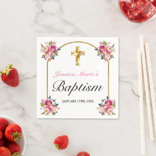 Pretty PInk Floral Gold Cross Baptism Napkin