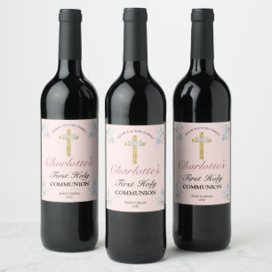 Pretty Pink Floral Gold Cross First Communion Wine Label