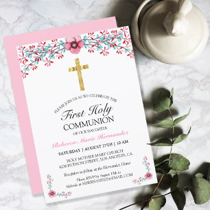 Pretty Pink Floral Gold Cross First Holy Communion Invitation