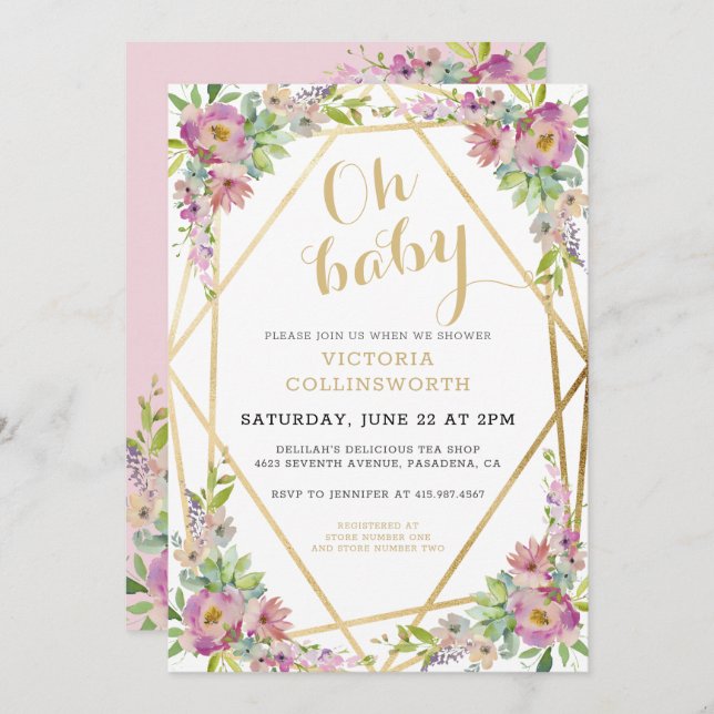  Pretty Pink Floral Gold Geometric Baby Shower  Invitation (Front/Back)