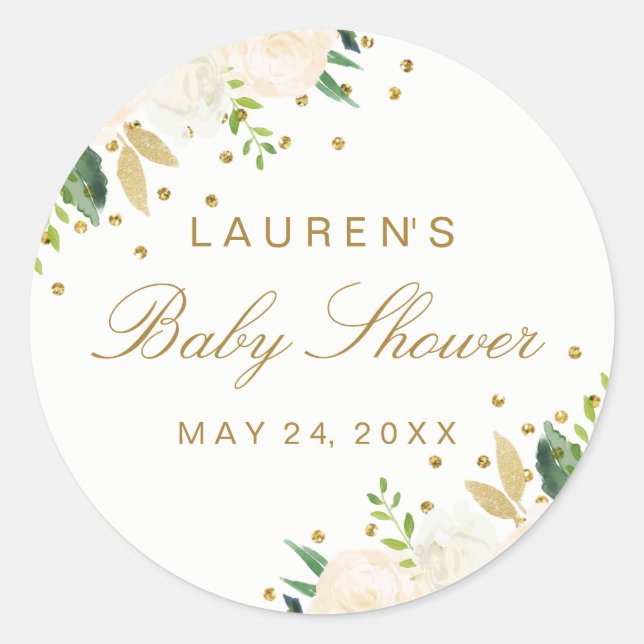 Pretty Pink floral Gold Glitter Baby Shower Classic Round Sticker (Front)