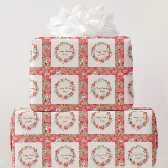 Pretty Pink Floral Happy Birthday Add Name Wrapping Paper (Creator Uploaded)