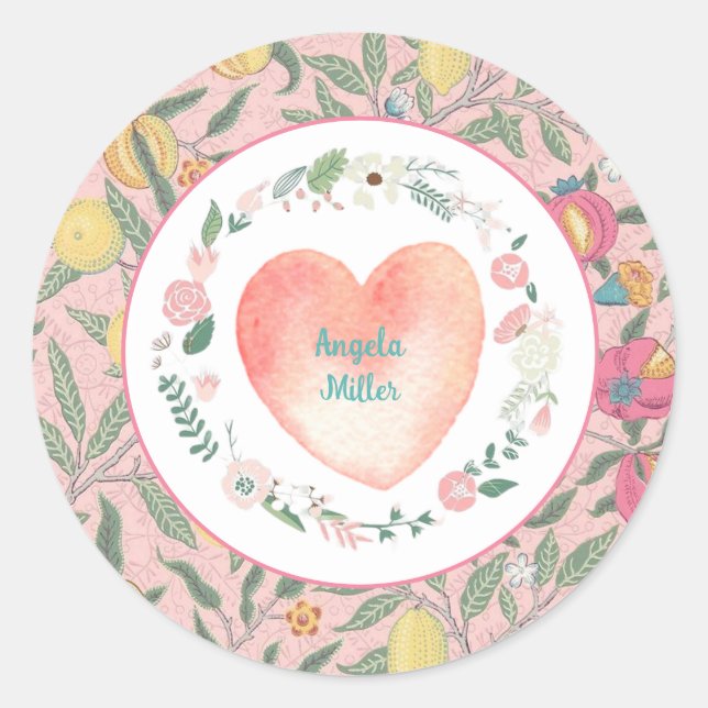 Pretty Pink Floral Heart Grandmillenial  Classic Round Sticker (Front)