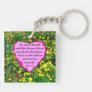 PRETTY PINK FLORAL JOHN 3:16 PHOTO DESIGN KEY RING