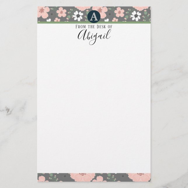 Pretty Pink Floral Monogram Fancy Script Stationery (Front)