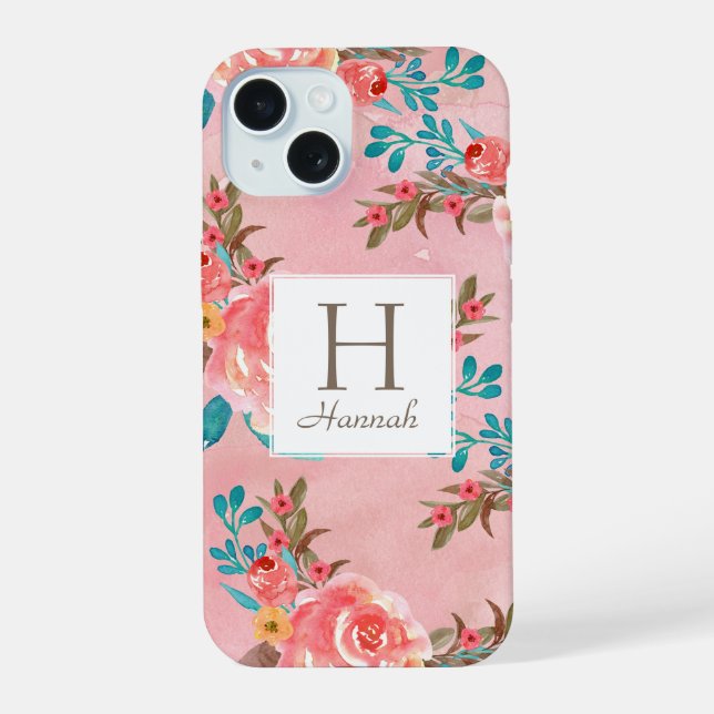Pretty Pink Floral Monogram Pink Pattern iPhone 15 Case (Back)