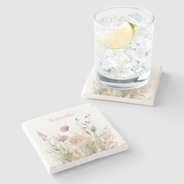 Pretty Pink Floral Name Stone Coaster (Side)