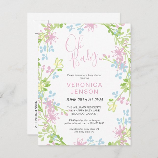 Pretty Pink Floral Oh Baby Girl Baby Shower  Invitation Postcard (Front/Back)