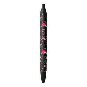 Pretty Pink Floral on Black Monogram Black Ink Pen