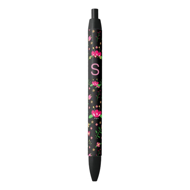 Pretty Pink Floral on Black Monogram Ink Pen (Front Vertical)
