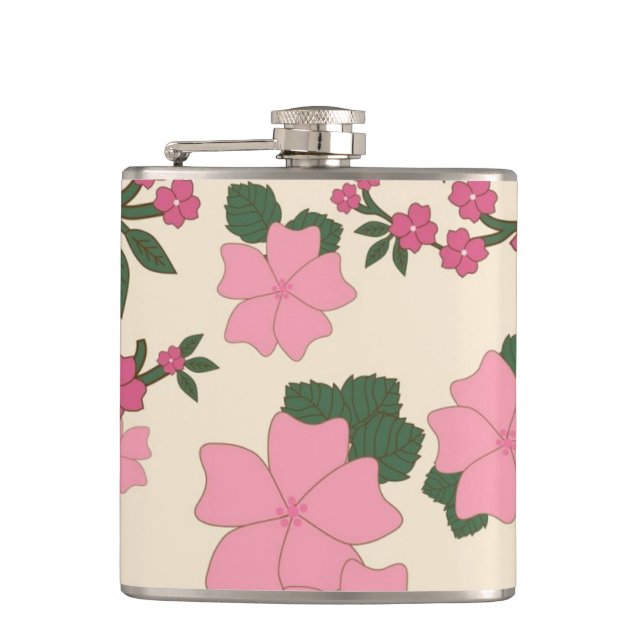 Pretty Pink Floral Pattern Hip Flask (Front)