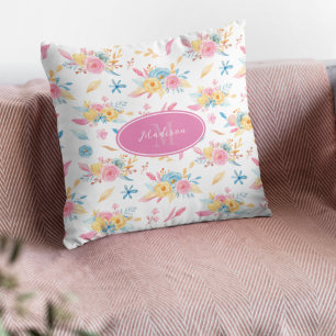 Pretty Pink Floral Pattern Monogrammed Cushion