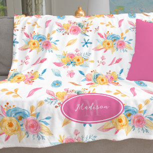 Pretty Pink Floral Pattern Monogrammed Fleece Blanket