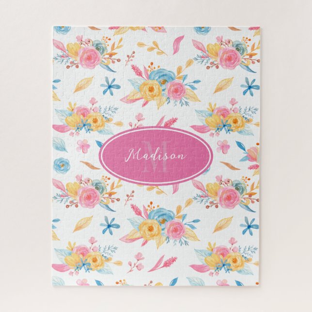 Pretty Pink Floral Pattern Monogrammed Jigsaw Puzzle (Vertical)