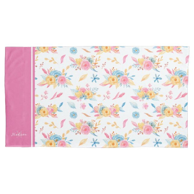 Pretty Pink Floral Pattern Monogrammed Pillowcase (Front-Left)