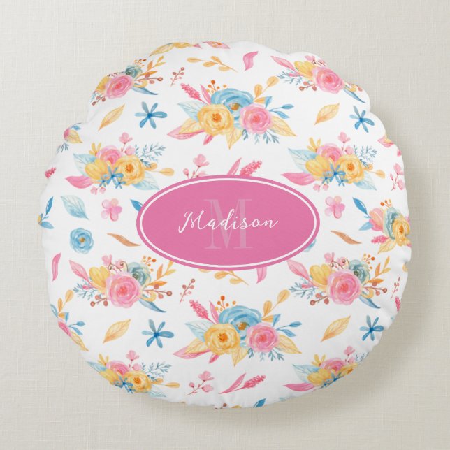 Pretty Pink Floral Pattern Monogrammed Round Cushion (Front)
