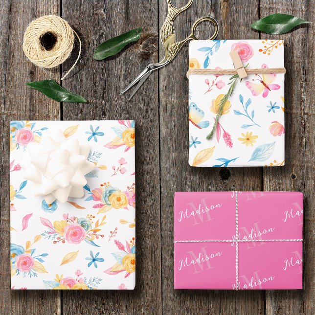 Pretty Pink Floral Pattern Monogrammed Wrapping Paper Sheet (Creator Uploaded)