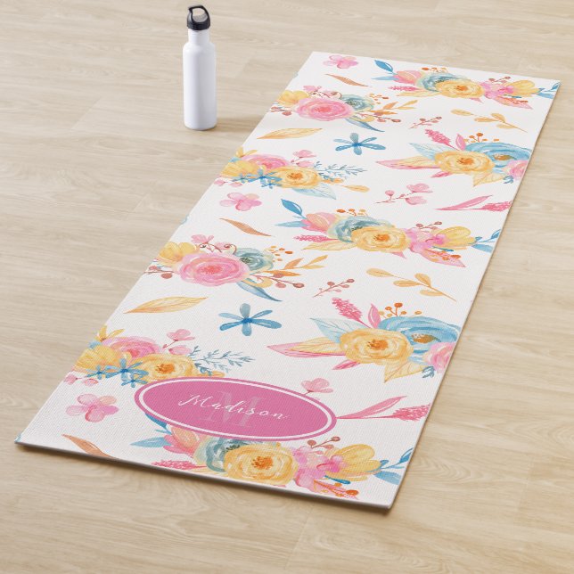 Pretty Pink Floral Pattern Monogrammed Yoga Mat (In Situ)