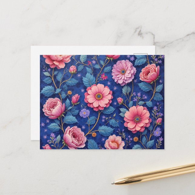 Pretty pink floral pattern postcard (Front/Back In Situ)