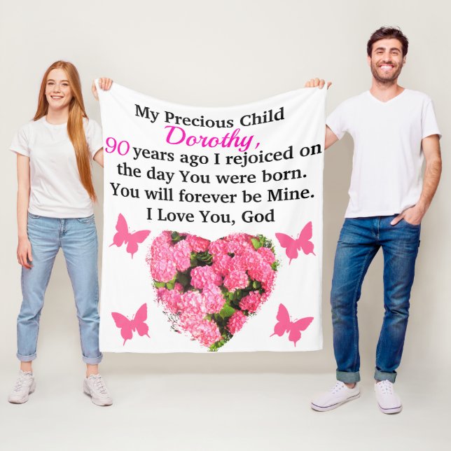 PRETTY PINK FLORAL PERSONALIZED 90TH BIRTHDAY FLEECE BLANKET (In Situ)