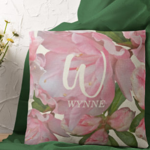 Pretty Pink Floral Photo Ivory Monogram Name Cushion