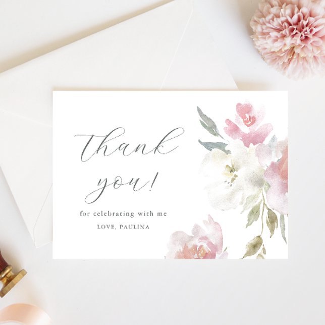 Pretty Pink Floral Quinceañera Photo Thank You Invitation (Creator Uploaded)