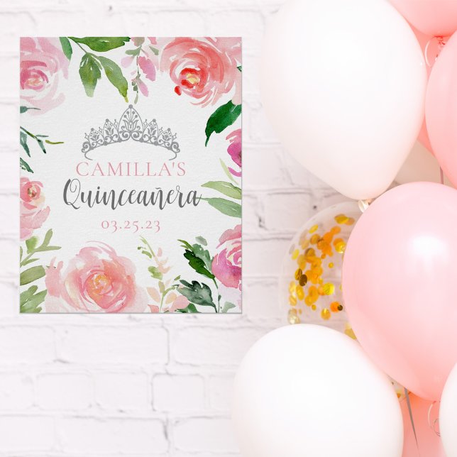 Pretty Pink Floral Quinceañera Silver Tiara Party Poster (Creator Uploaded)