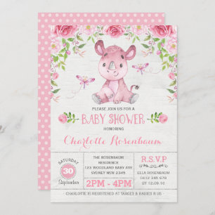 Pretty Pink Floral Rhinoceros Baby Girl Shower Invitation