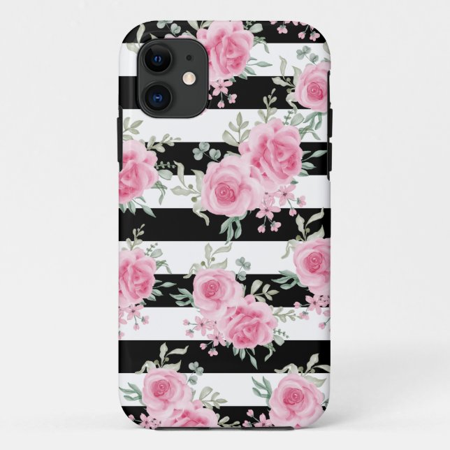 Pretty Pink Floral Rose Black Stripes Case-Mate iPhone Case (Back)
