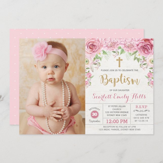Pretty Pink Floral Roses Girl Baptism Photo Invitation (Front/Back)