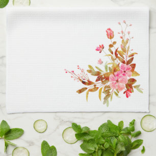Pretty Pink Floral Roses Leaves Tea Towel
