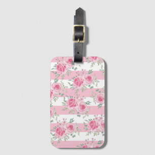 Pretty Pink Floral Roses Pink Stripes Luggage Tag