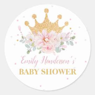Pretty Pink Floral Royal Crown Princess Birthday Classic Round Sticker