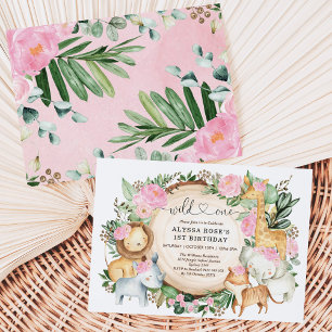 Pretty Pink Floral Safari Wild One 1st Birthday Invitation