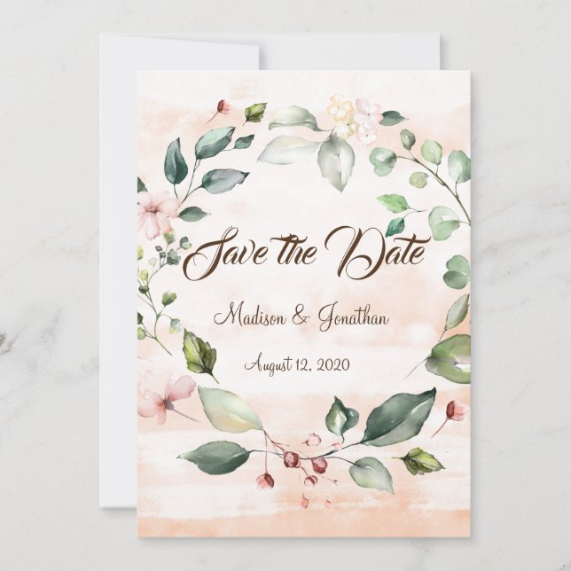 Pretty Pink Floral Script Wreath Save The Date (Front)