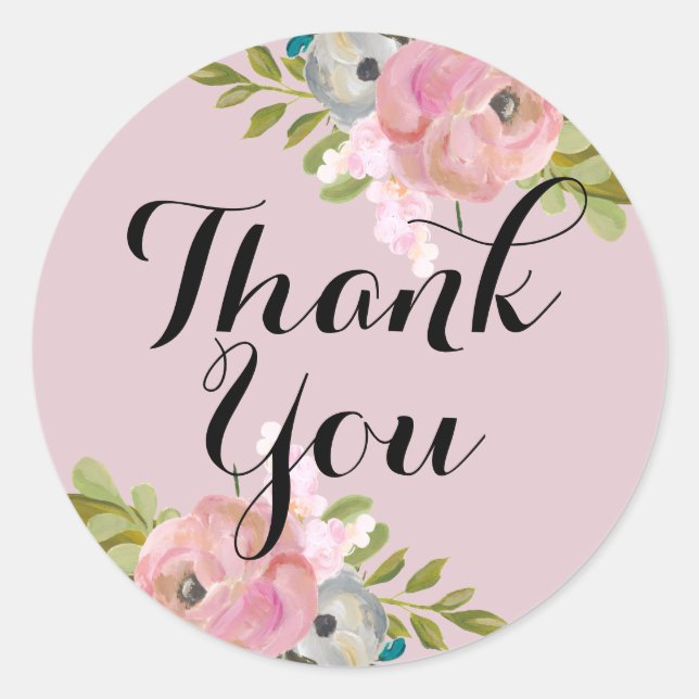 Pretty Pink Floral Thank You Stickers (Front)
